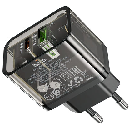 Зарядно устройство за мрежа HOCO N34, 20W, 3A, 1 x USB-A - 1 x USB-C, Прозрачно