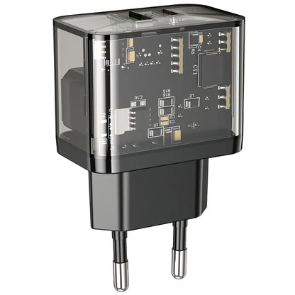 Зарядно устройство за мрежа HOCO N34, 20W, 3A, 1 x USB-A - 1 x USB-C, Прозрачно