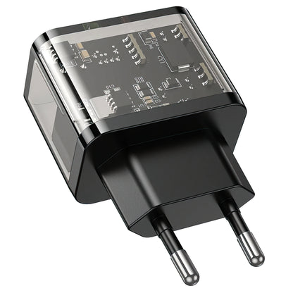 Зарядно устройство за мрежа HOCO N34, 20W, 3A, 1 x USB-A - 1 x USB-C, Прозрачно