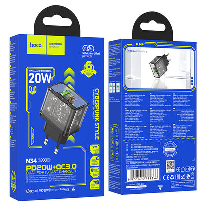 Зарядно устройство за мрежа HOCO N34, 20W, 3A, 1 x USB-A - 1 x USB-C, Прозрачно