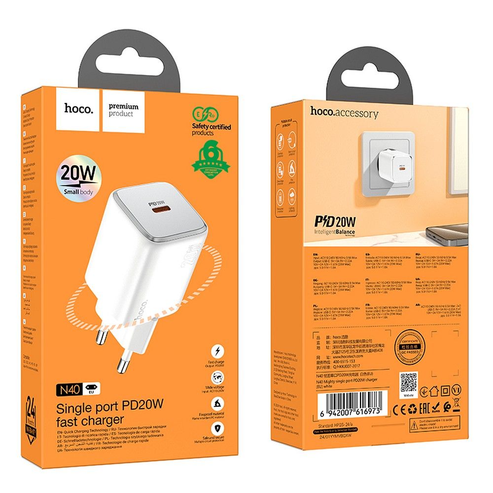 Зарядно за мрежа HOCO N40, 20W, 3A, 1 x USB-C, Бяло