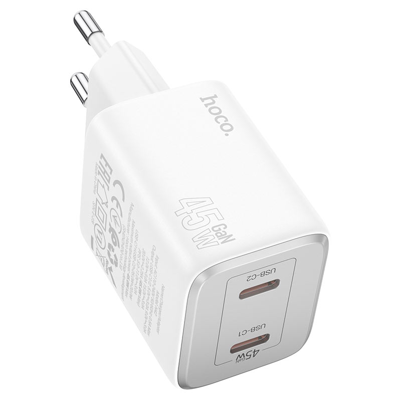 Мрежово зарядно устройство HOCO N42, 45W, 3A, 2 x USB-C, бяло 