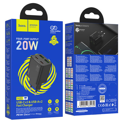 Зарядно устройство за мрежа HOCO N55, 20W, 3A, 2 x USB-A - 2 x USB-C, Черно