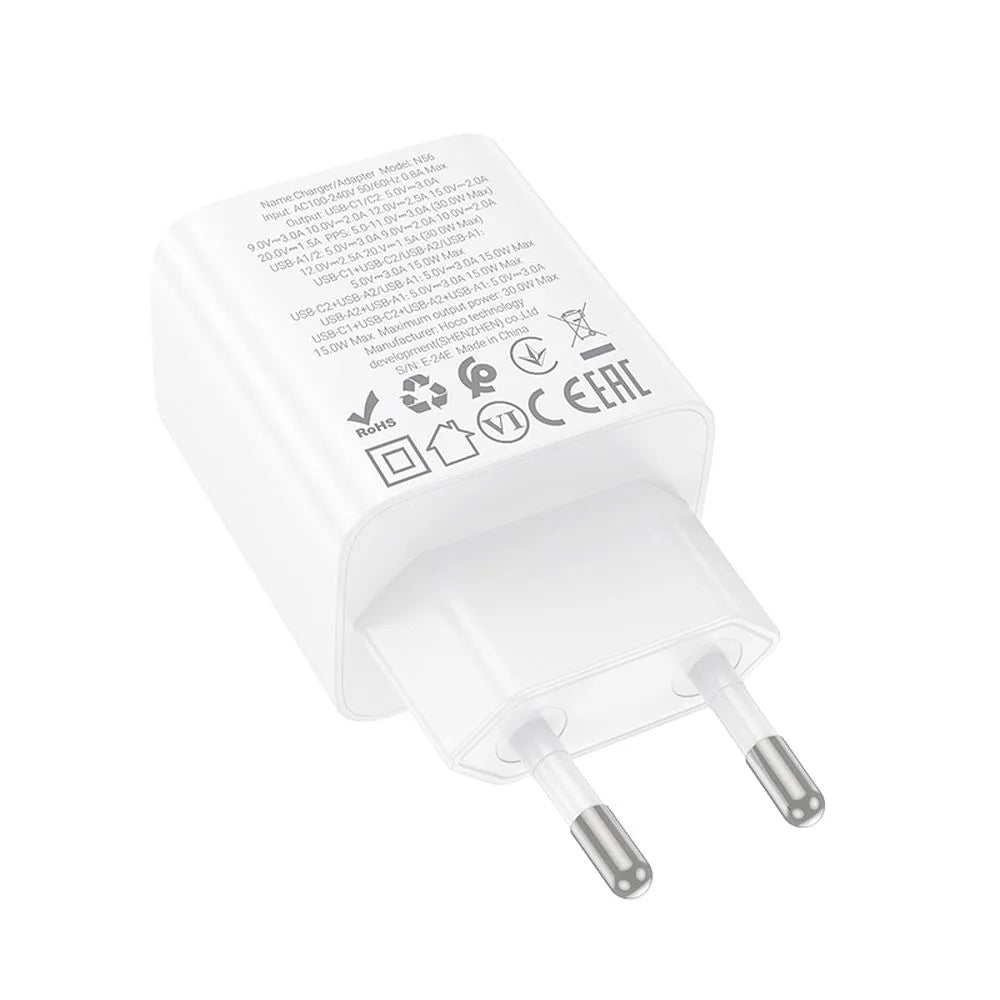 Зарядно устройство за мрежа HOCO N56, 30W, 3A, 2 x USB-A - 2 x USB-C, Бяло