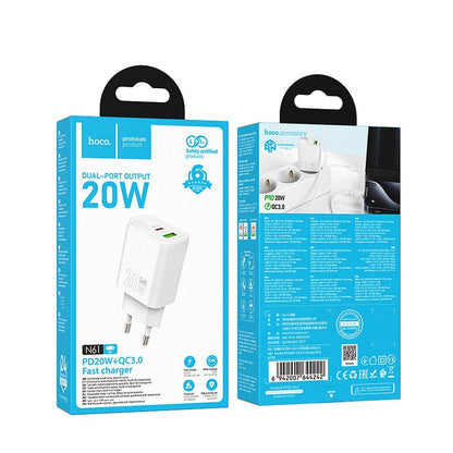 Зарядно за мрежа HOCO N61, 20W, 3A, 1 x USB-A - 1 x USB-C, Бяло