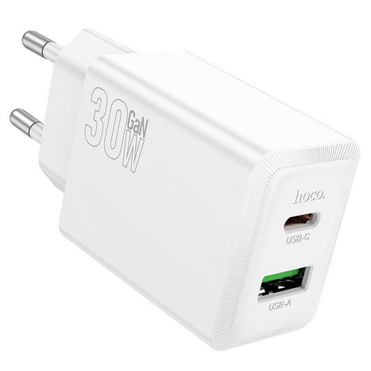 Зарядно устройство за мрежа HOCO N71, 30W, 3A, 1 x USB-A - 1 x USB-C, Бяло