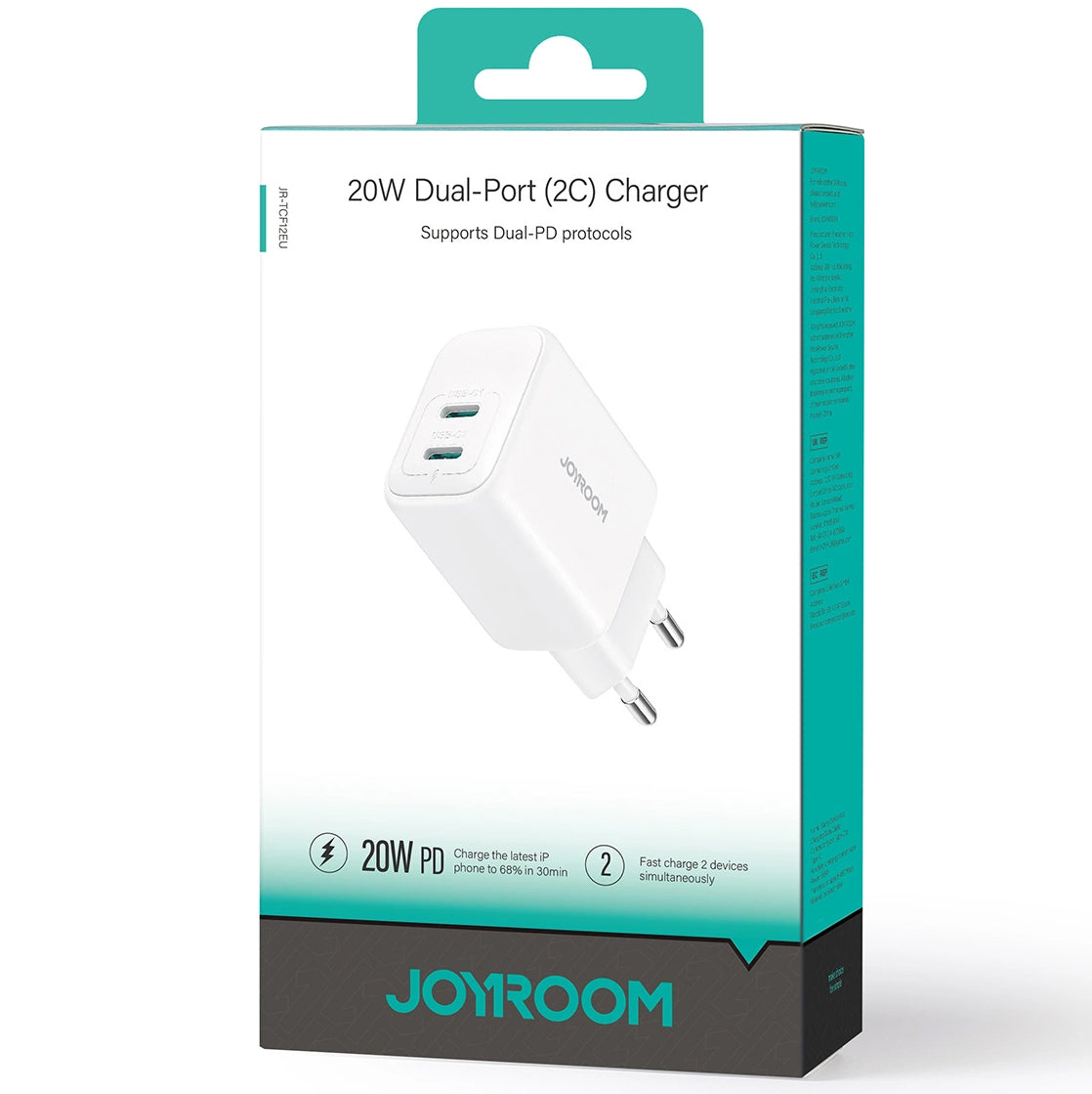Зарядно за мрежа Joyroom JR-TCF12, 20W, 3A, 2 x USB-C, Бяло