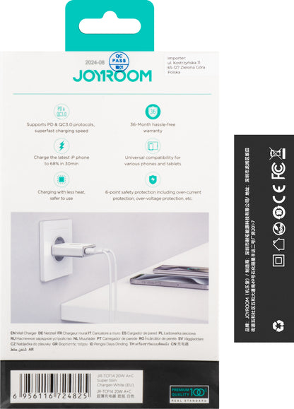 Мрежово зарядно устройство Joyroom JR-TCF14, 20W, 3A, 1 x USB-A - 1 x USB-C, бяло 