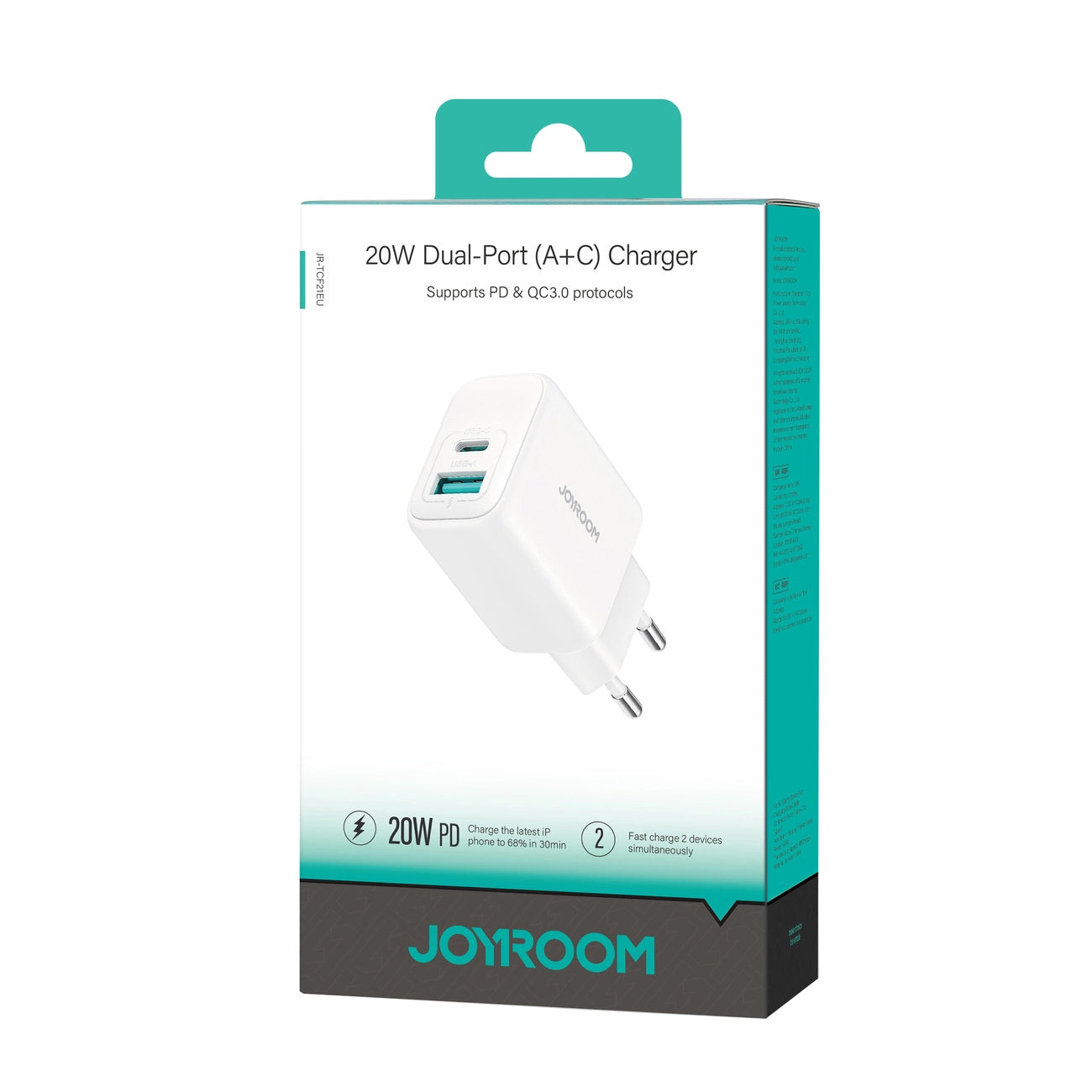 Зарядно устройство за мрежа Joyroom JR-TCF21, 20W, 3A, 1 x USB-A - 1 x USB-C, Бяло