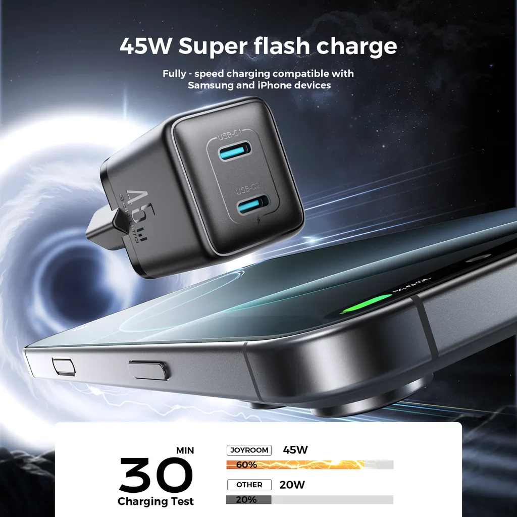 Зарядно устройство за мрежа Joyroom JR-TCG17, 45W, 3A, 2 x USB-C, Черно