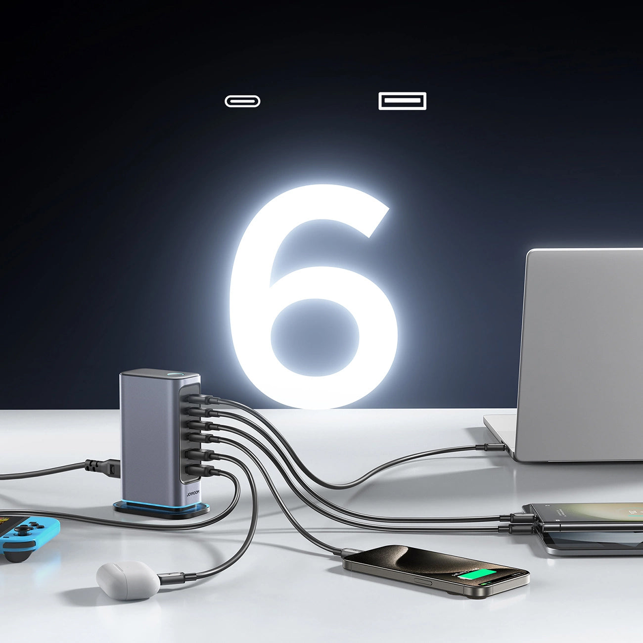 Зарядно устройство Joyroom JR-TCM02, 65W, 3.25A, 2 x USB-A - 4 x USB-C, Сиво