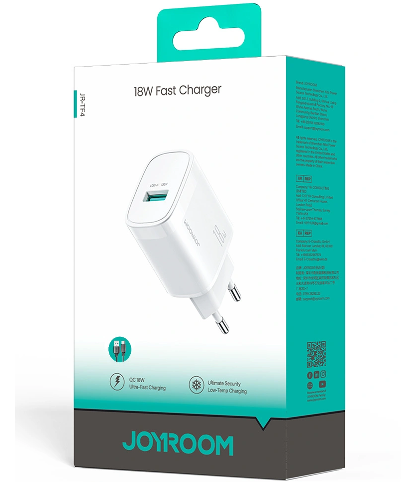 Зарядно устройство Joyroom JR-TF4, 18W, 3A, 1 x USB-A, Бяло