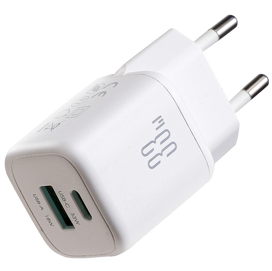 Зарядно устройство за мрежа Joyroom JR-TG7, 33W, 3A, 1 x USB-A - 1 x USB-C, Бяло
