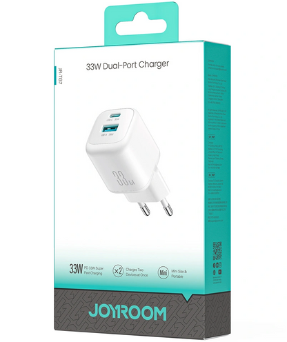 Зарядно устройство за мрежа Joyroom JR-TG7, 33W, 3A, 1 x USB-A - 1 x USB-C, Бяло