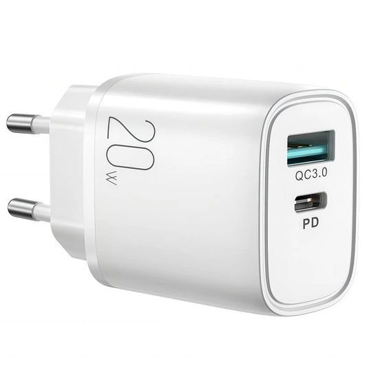 Joyroom L-QP2011 Мрежово зарядно устройство, 20W, 3A, 1 x USB-A - 1 x USB-C, бяло 