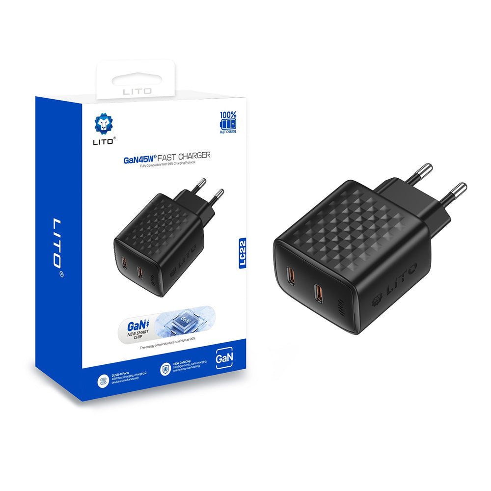 Зарядно устройство за мрежа Lito LC22, 45W, 3A, 2 x USB-C, Черно