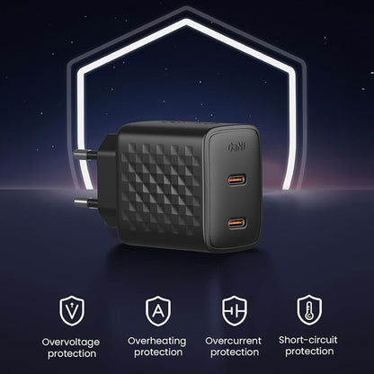 Зарядно устройство за мрежа Lito LC22, 45W, 3A, 2 x USB-C, Черно