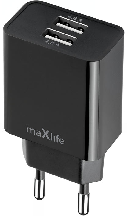 Зарядно за мрежа MaXlife MXTC-12, 24W, 2.4A, 2 x USB-A, Черно