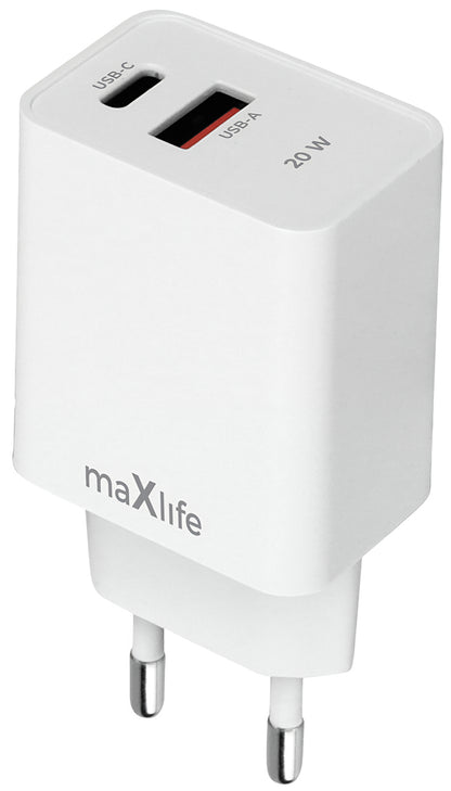 Зарядно за мрежа MaXlife MXTC-13-20AC, 20W, 3A, 1 x USB-A - 1 x USB-C, Бяло