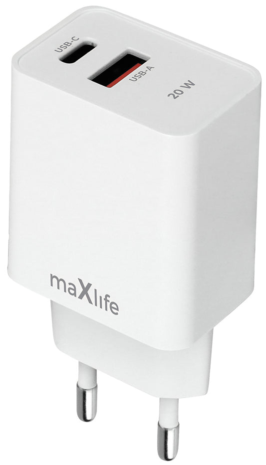 Зарядно за мрежа MaXlife MXTC-13-20AC, 20W, 3A, 1 x USB-A - 1 x USB-C, Бяло