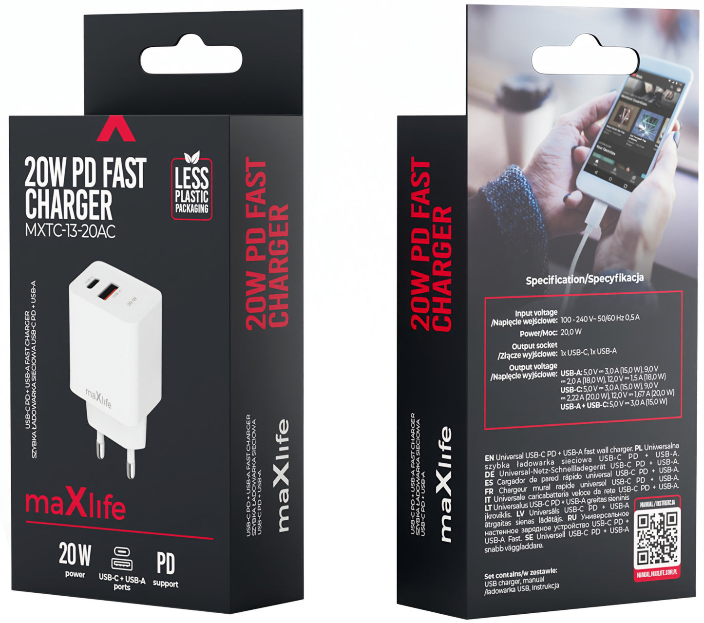 Зарядно за мрежа MaXlife MXTC-13-20AC, 20W, 3A, 1 x USB-A - 1 x USB-C, Бяло