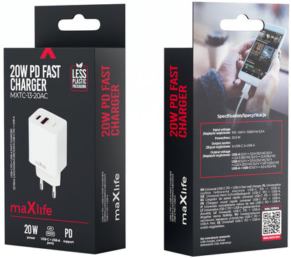 Зарядно за мрежа MaXlife MXTC-13-20AC, 20W, 3A, 1 x USB-A - 1 x USB-C, Бяло
