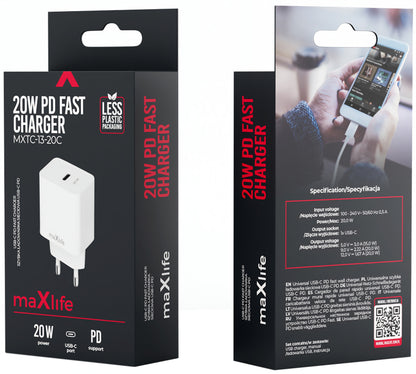 Зарядно за мрежа MaXlife MXTC-13-20C, 20W, 3A, 1 x USB-C, Бяло