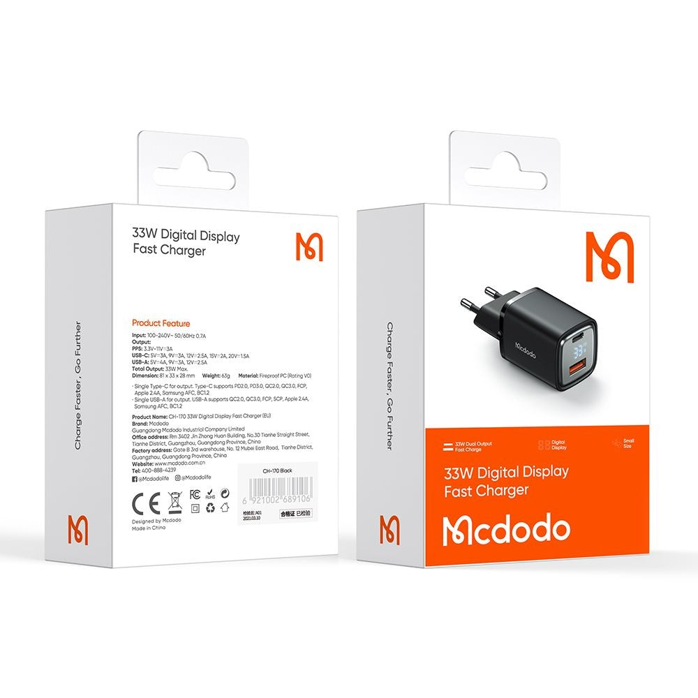 Зарядно за мрежа McDodo CH-1701 Graphite Display, 33W, 3A, 1 x USB-A - 1 x USB-C, Черно