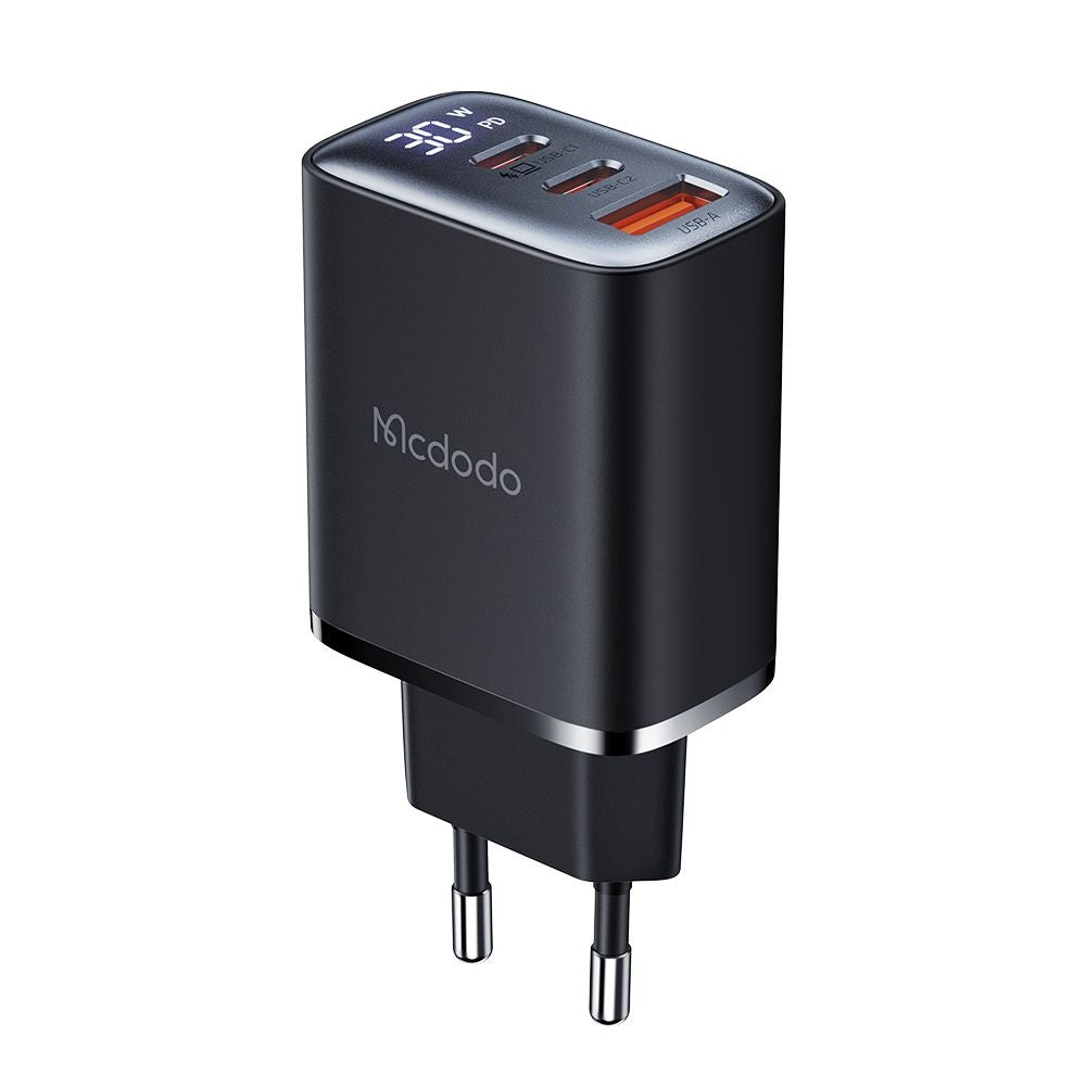Зарядно за мрежа McDodo CH-2180 Display, 30W, 3A, 1 x USB-A - 2 x USB-C, Черно