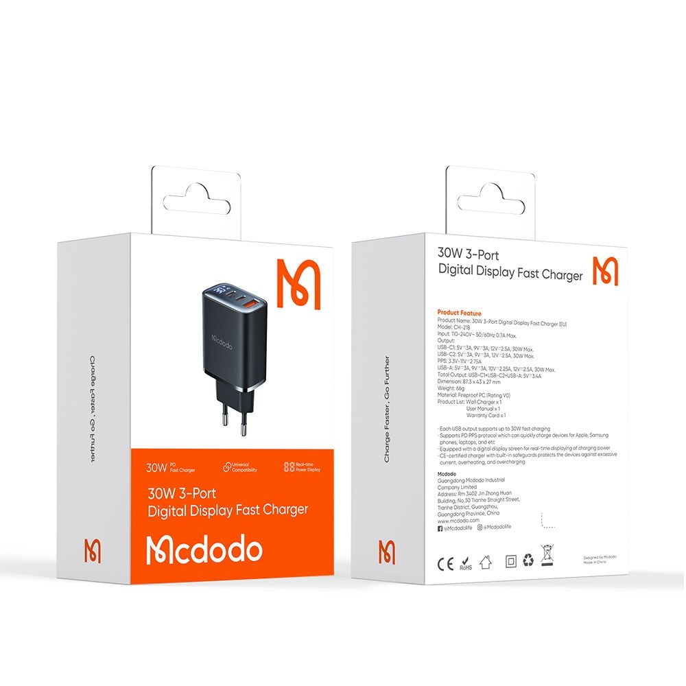 Зарядно за мрежа McDodo CH-2180 Display, 30W, 3A, 1 x USB-A - 2 x USB-C, Черно