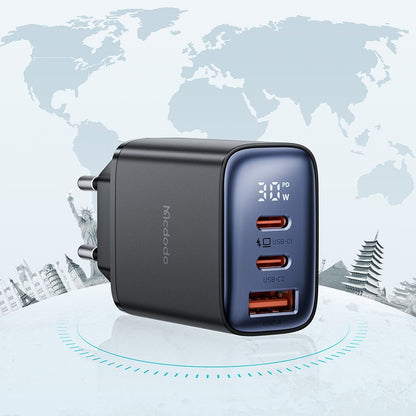 Зарядно за мрежа McDodo CH-2180 Display, 30W, 3A, 1 x USB-A - 2 x USB-C, Черно