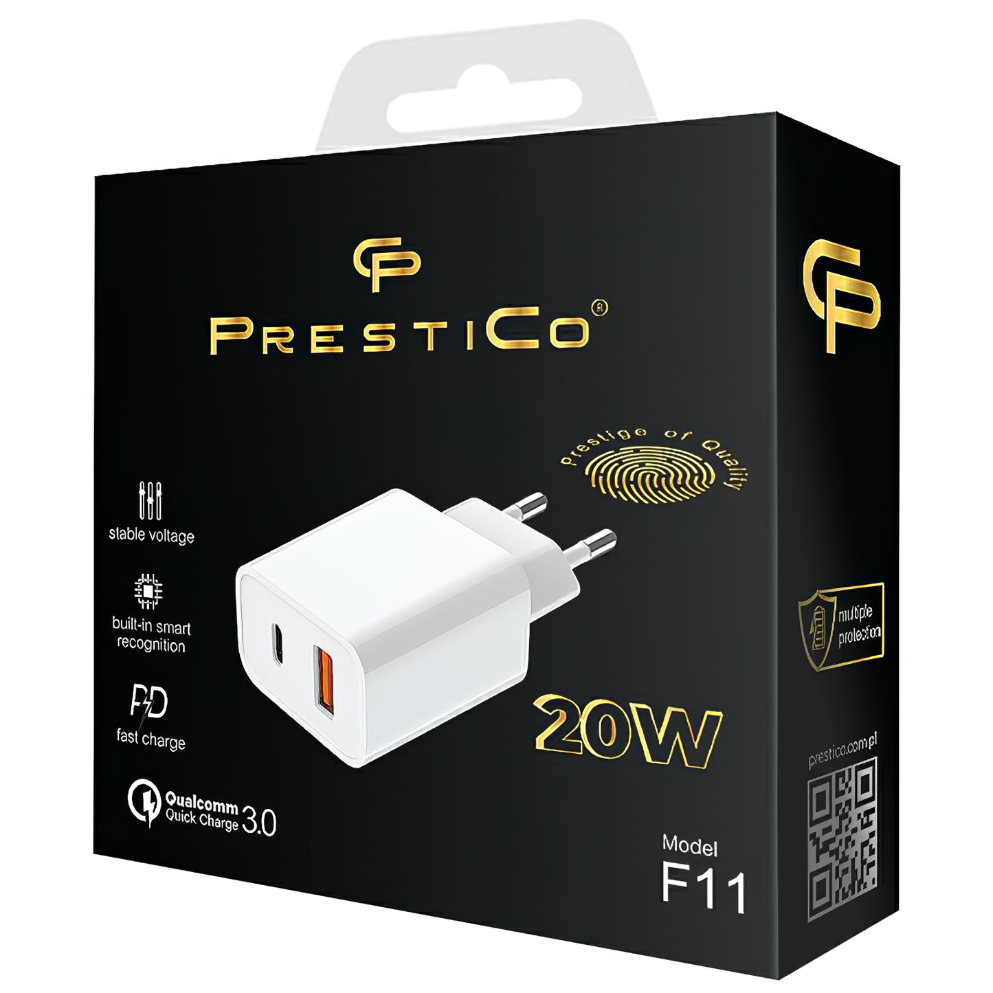 Мрежово зарядно Prestico F11, 20W, 3A, 1 x USB-A - 1 x USB-C, бяло 