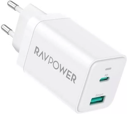 Зарядно устройство RavPower RP-PC171, 45W, 3A, 1 x USB-A - 1 x USB-C, бяло
