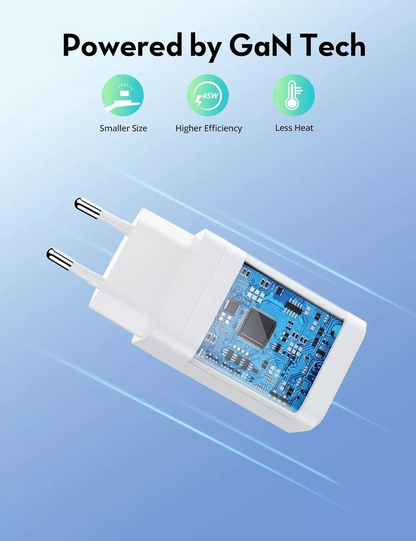 Зарядно устройство RavPower RP-PC171, 45W, 3A, 1 x USB-A - 1 x USB-C, бяло