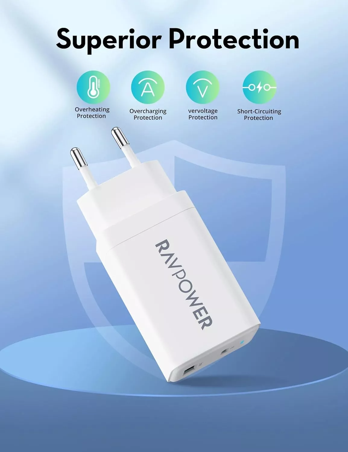 Зарядно устройство RavPower RP-PC171, 45W, 3A, 1 x USB-A - 1 x USB-C, бяло