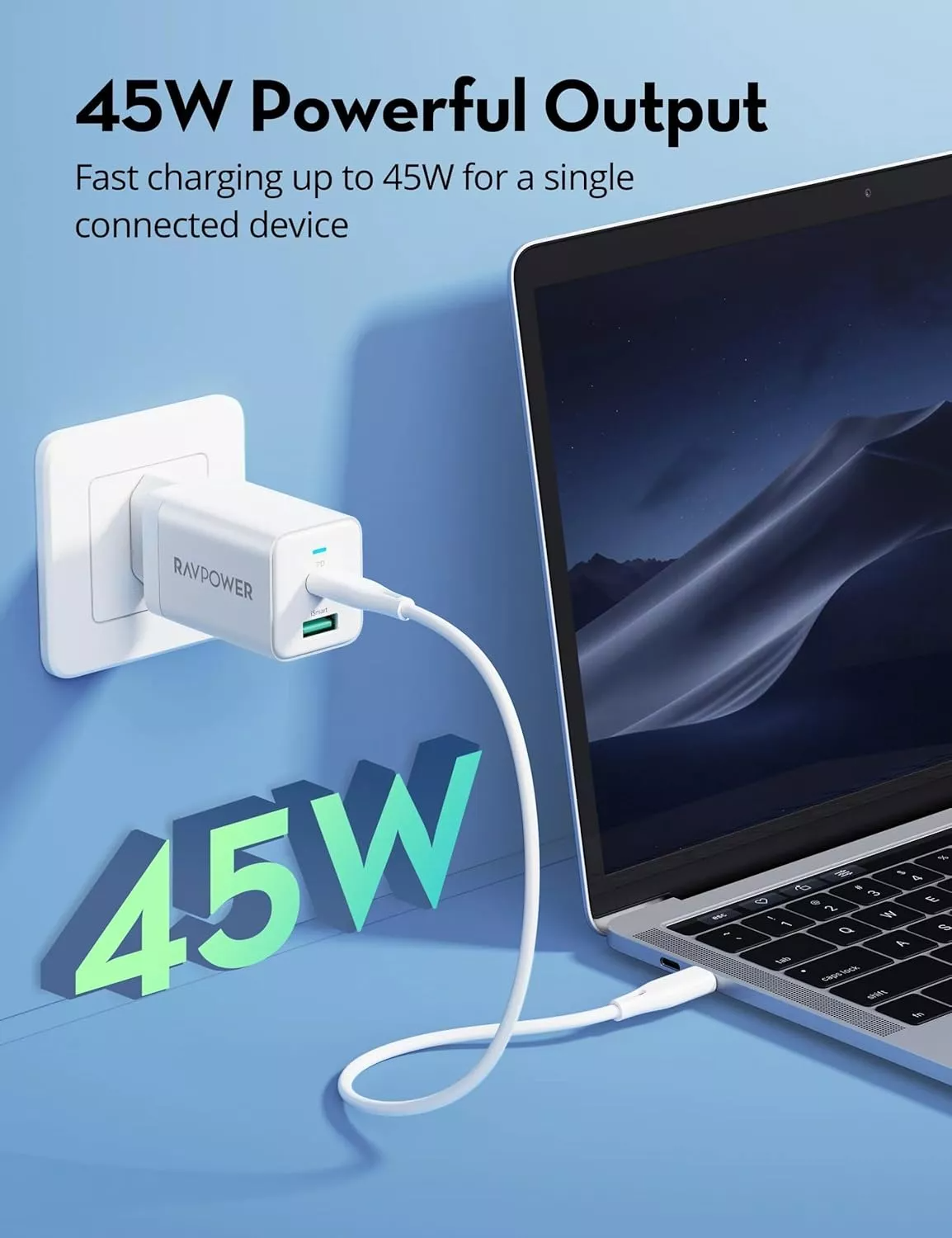 Зарядно устройство RavPower RP-PC171, 45W, 3A, 1 x USB-A - 1 x USB-C, бяло