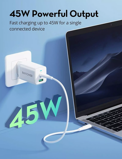 Зарядно устройство RavPower RP-PC171, 45W, 3A, 1 x USB-A - 1 x USB-C, бяло