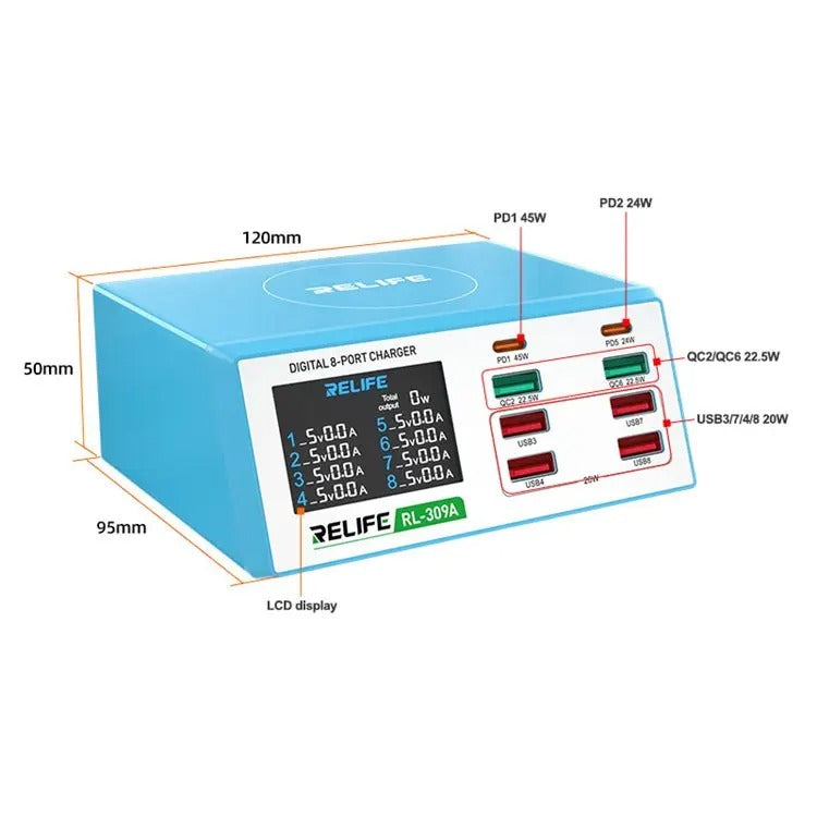 Мрежово зарядно устройство Relife RL-309A, 100W, 4,5A, 2 x USB-C - 6 x USB-A, синьо 