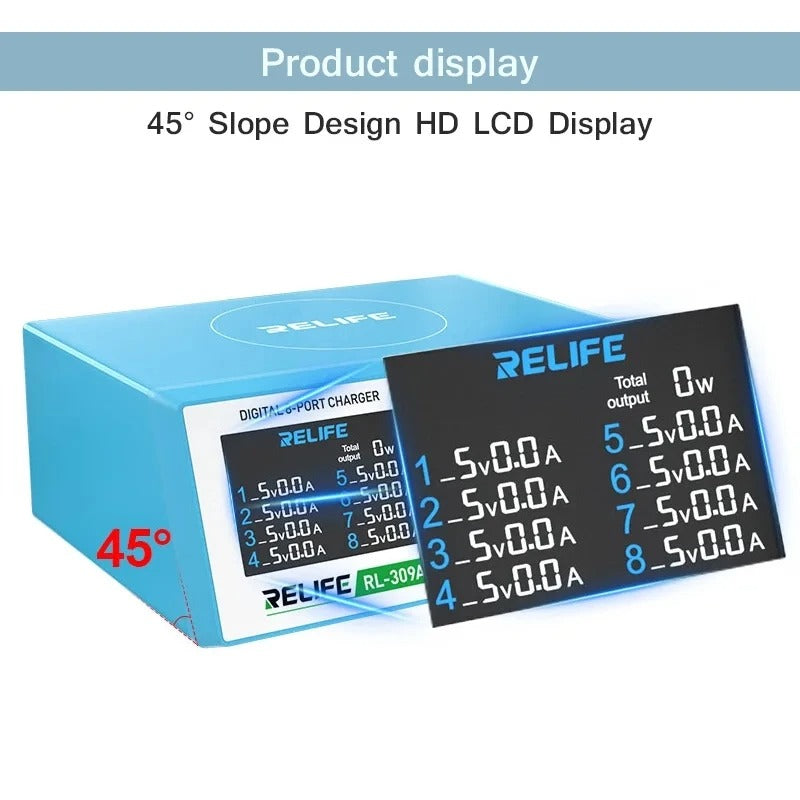 Мрежово зарядно устройство Relife RL-309A, 100W, 4,5A, 2 x USB-C - 6 x USB-A, синьо 