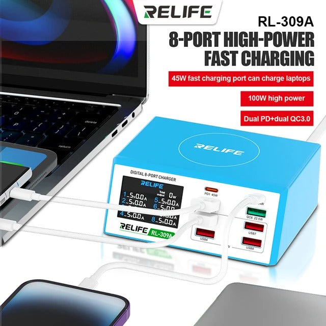 Мрежово зарядно устройство Relife RL-309A, 100W, 4,5A, 2 x USB-C - 6 x USB-A, синьо 