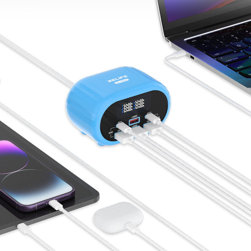 Зарядно устройство Relife RL-309U, 72W, 5A, 2 x USB-C - 4 x USB-A, Синьо