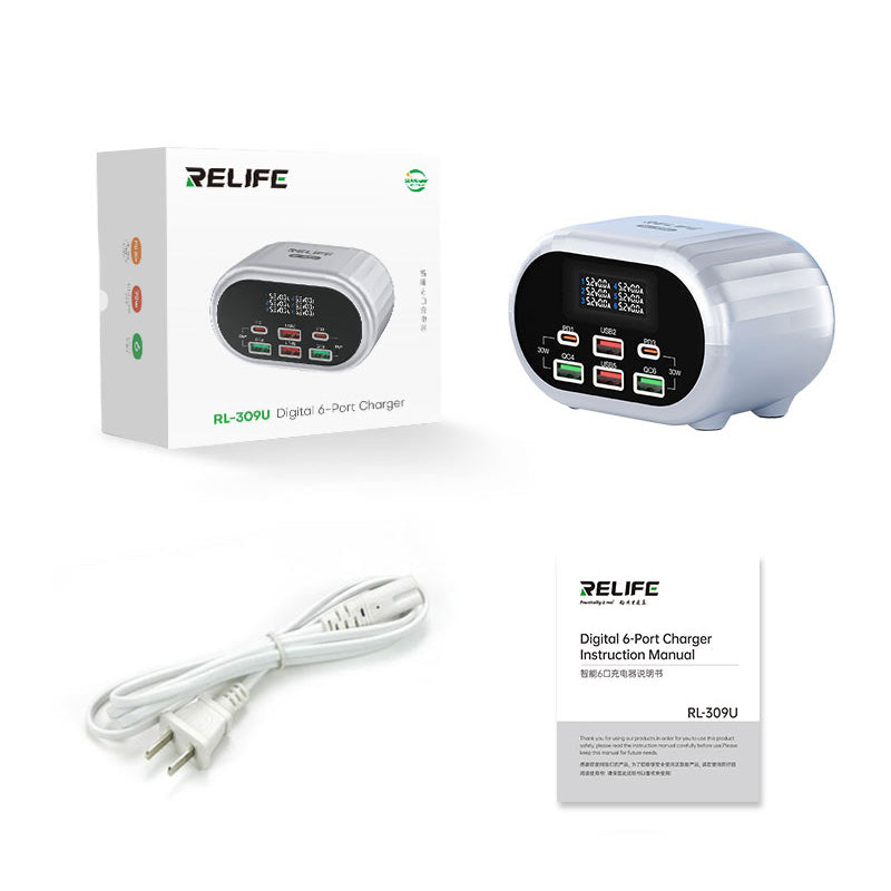 Мрежово зарядно устройство Relife RL-309U, 72W, 5A, 2 x USB-C - 4 x USB-A, сребристо 