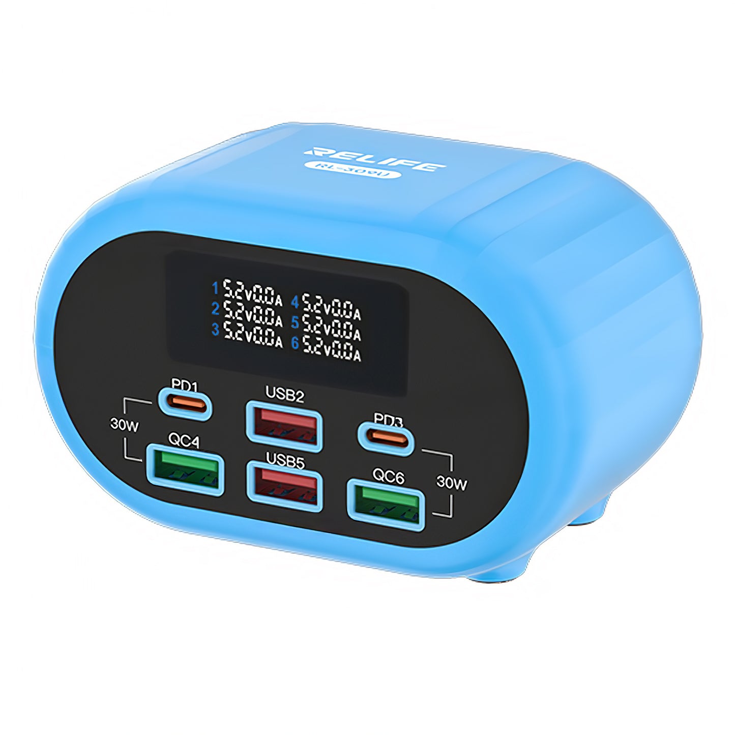 Зарядно устройство Relife RL-309U, 72W, 5A, 2 x USB-C - 4 x USB-A, Синьо