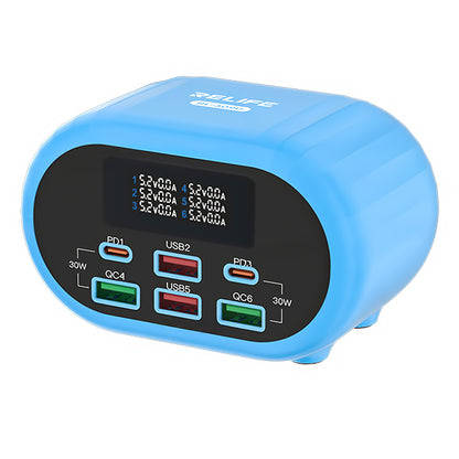 Зарядно устройство Relife RL-309U, 72W, 5A, 2 x USB-C - 4 x USB-A, Синьо