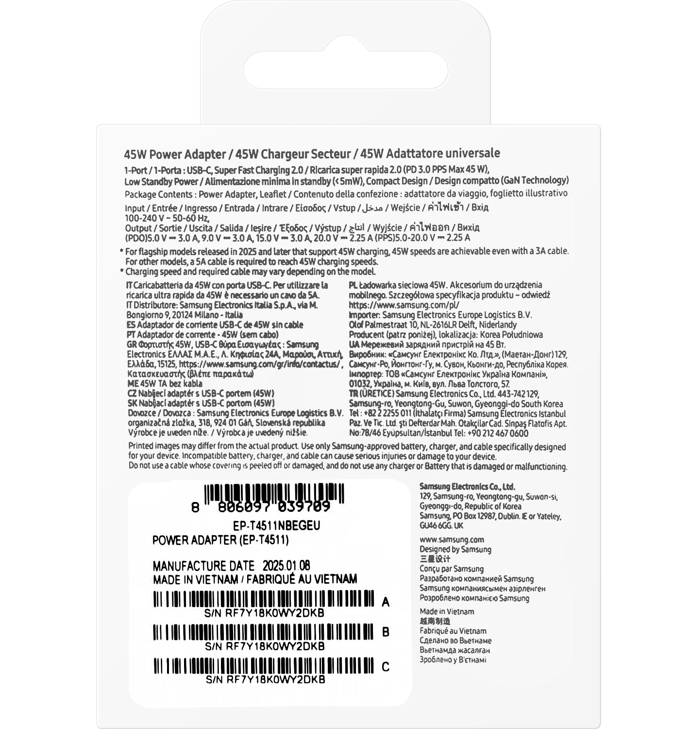 Зарядно устройство за мрежа Samsung, 45W, 4.05A, 1 x USB-C, Черно EP-T4511NBEGEU
