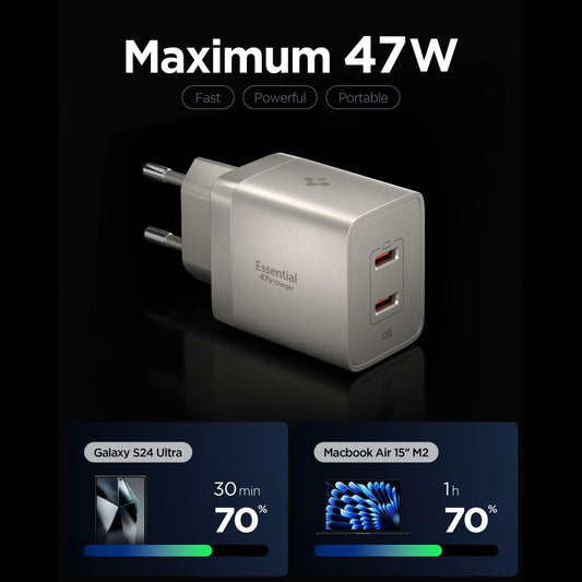 Зарядно устройство за мрежа Spigen EE472EU Essential, 47W, 3A, 2 x USB-C, Титан сив ACH10451