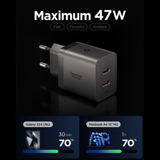 Зарядно устройство Spigen EE472EU Essential, 47W, 3A, 2 x USB-C, Сиво ACH10450