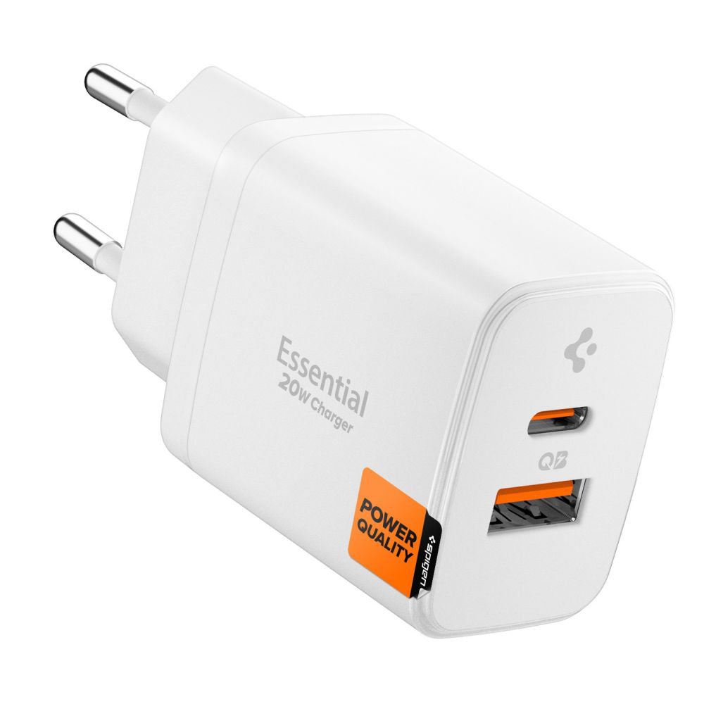 Spigen Essential Network Charger, 20W, 3A, 1 x USB-A - 1 x USB-C, White