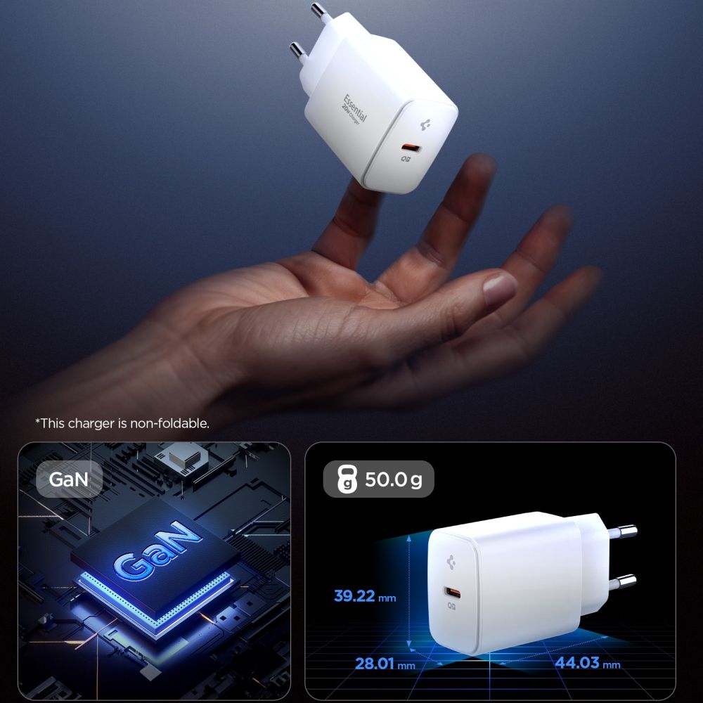 Зарядно устройство за мрежа Spigen Essential, 20W, 3A, 1 x USB-C, Бяло