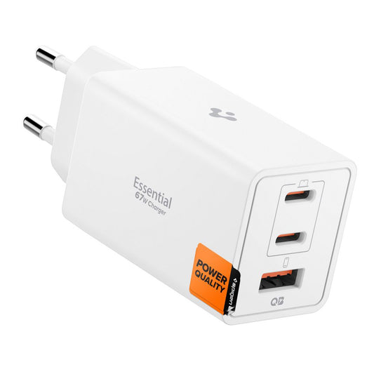 Зарядно устройство за мрежа Spigen Essential, 67W, 3.25A, 1 x USB-A - 2 x USB-C, Бяло ACH08710